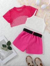 Young Girl Summer Casual Outfit, Mesh Lace Top + Strappy Tank Top + Cargo Shorts Belted Three-Piece Set